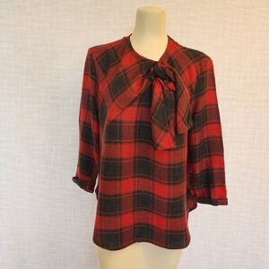 Zara Woman M Red/Blk Viscose mix  Buffalo Plaid Tie Front 3/4 Sleeve Blouse A411
